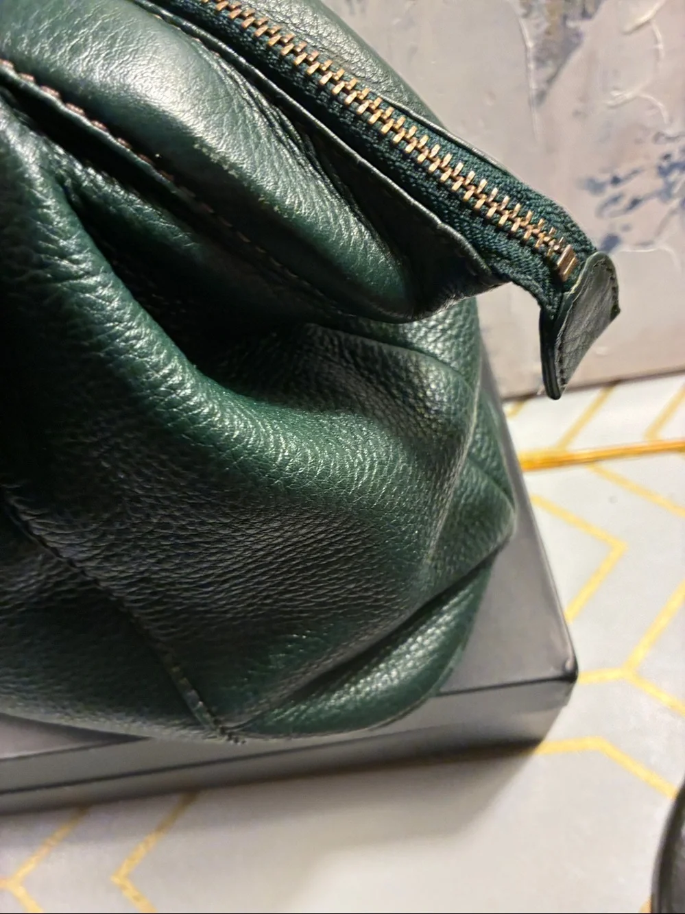 Vintage Liz Claiborne Dark Green Leather Top-Handle Satchel with Gold Hardware